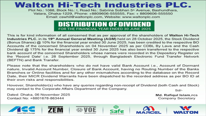 ওয়ালটন হাইটেক ইন্ডাস্ট্রিজ পিএলসির মূল্যসংবেদনশীল তথ্য